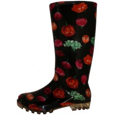 RB-18  - Wholesale Women's "EasyUSA" 13½ inches Waterproof Soft Rubber Rain Boots ( *Black With Red Tulip Print )